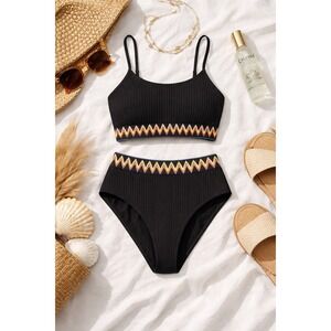Black Ribbed High Waisted Bikini Set Womens Small Boho Swimwear NWT